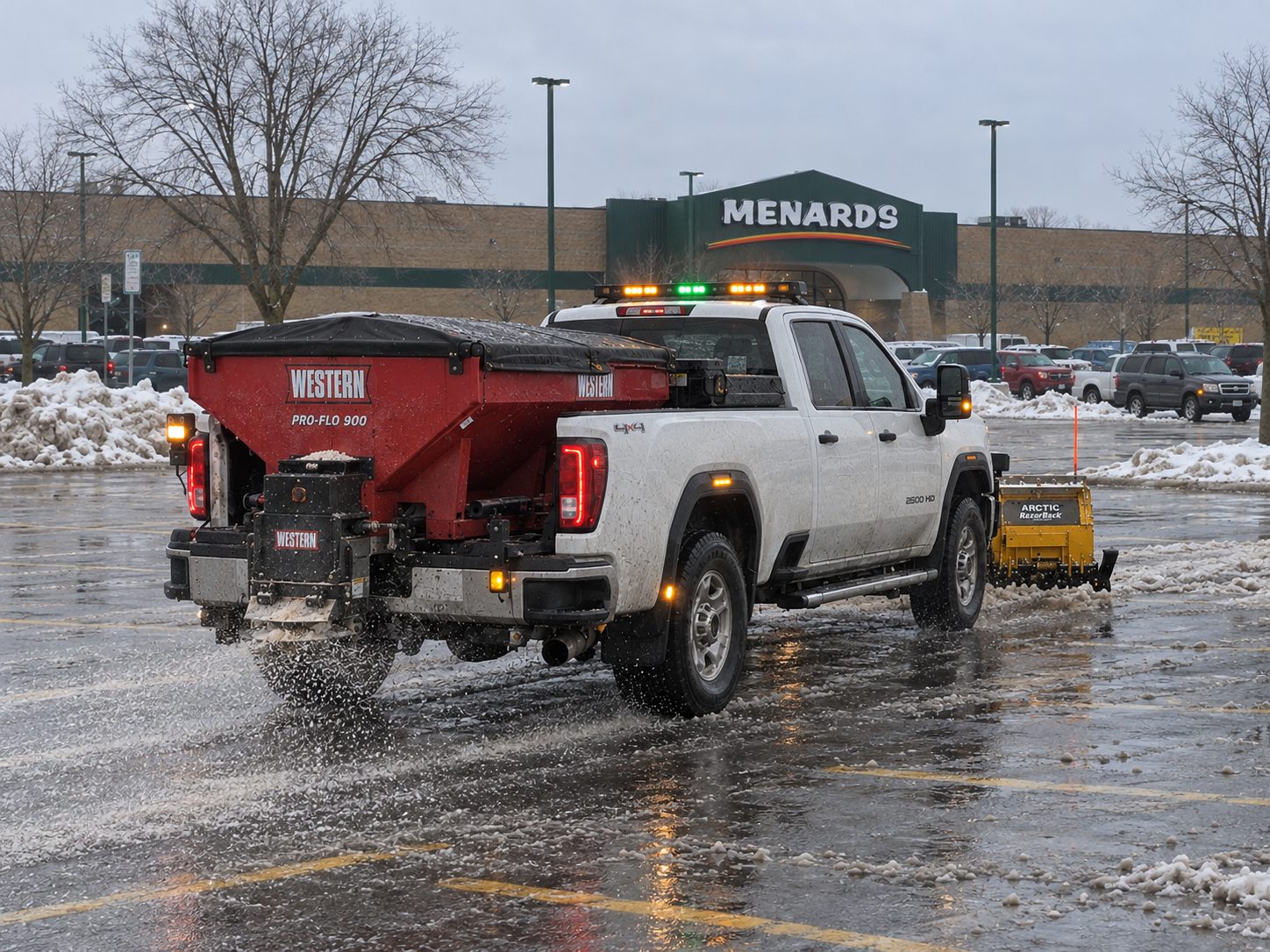 Salt spreader truck de-icing a commercial parking lot in Madison, WI