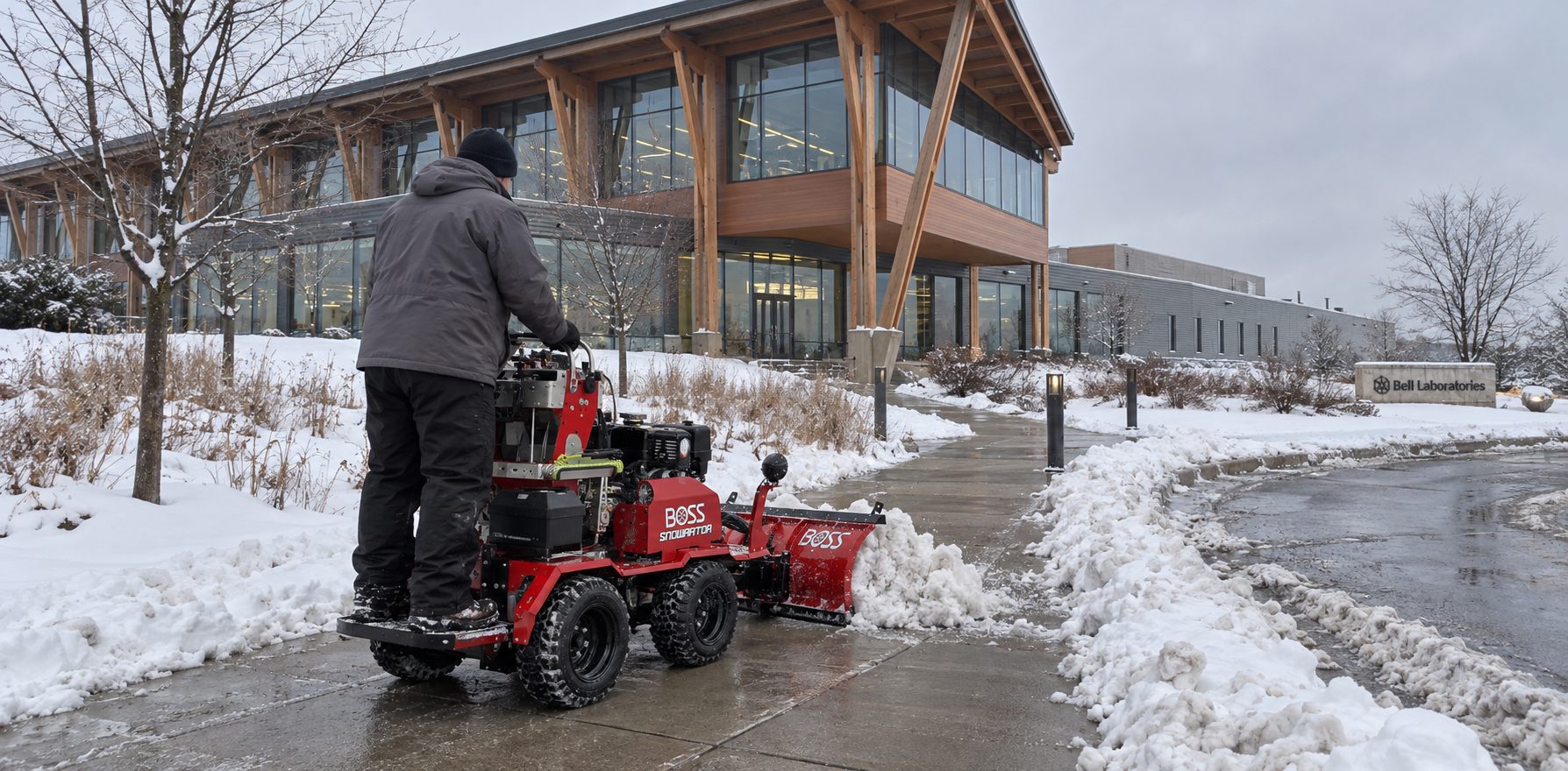 Sidewalk snow-clearing equipment working on a Madison, Wisconsin walkway